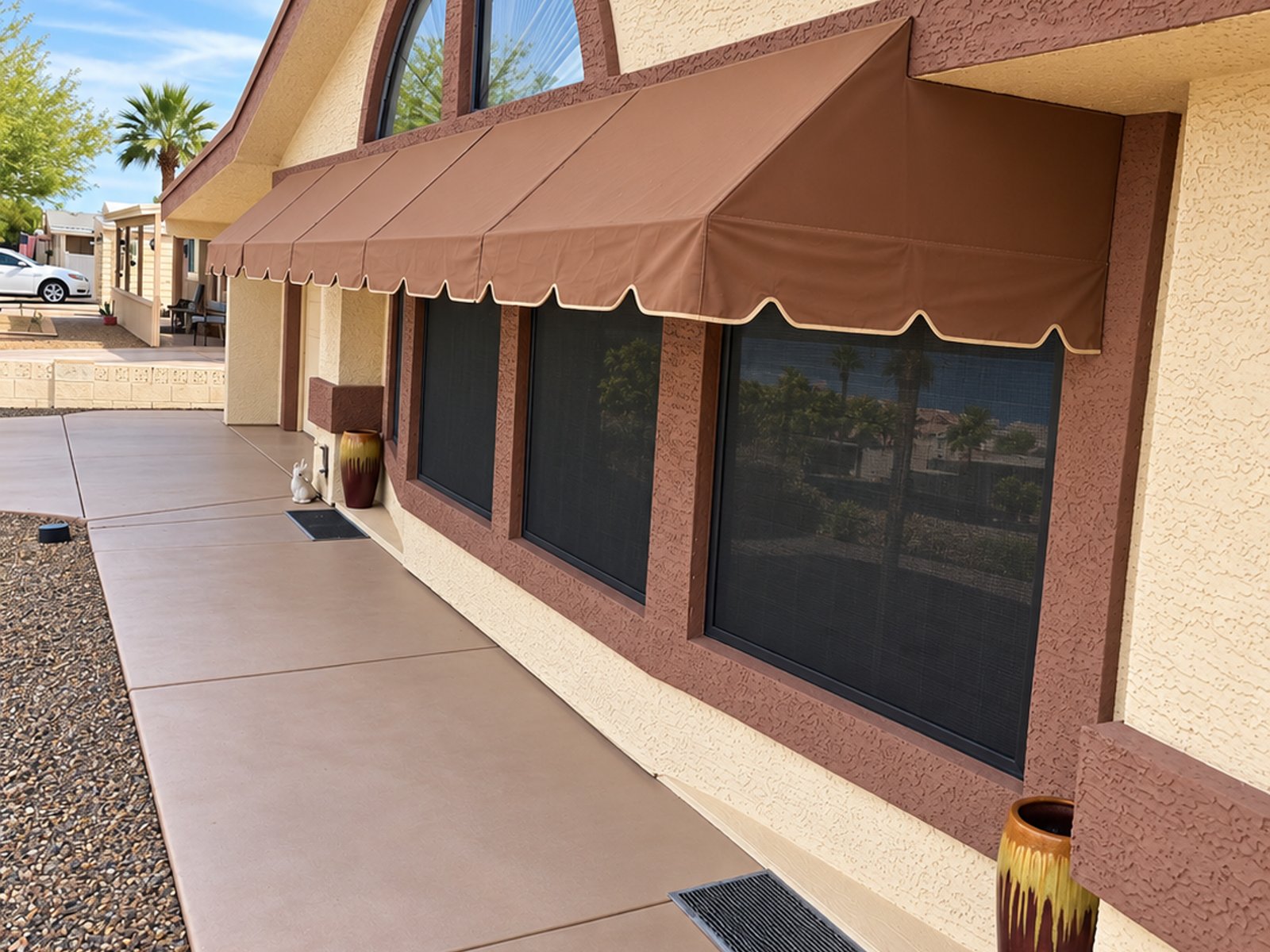 Restored window sunscreens along the walkway of a Sun Lakes commercial property